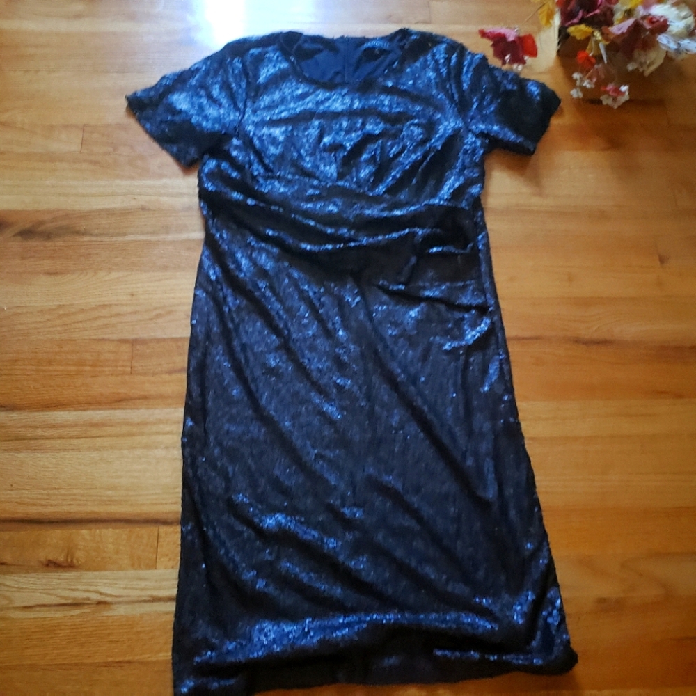 ELOQUII BLACK SEQUIn Short Sleeve  Sz 18 w/ Layered Ruched Midline Party  Dress